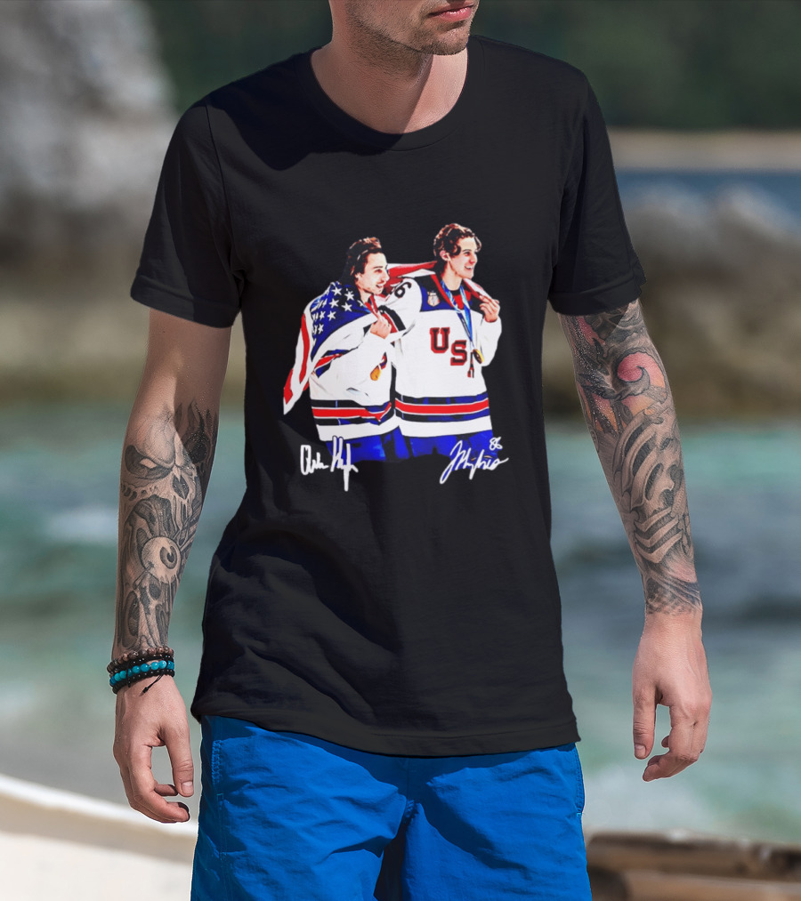 USA Hockey Golden Jack Hughes Jack Quinn American Flag Celebration T-Shirt