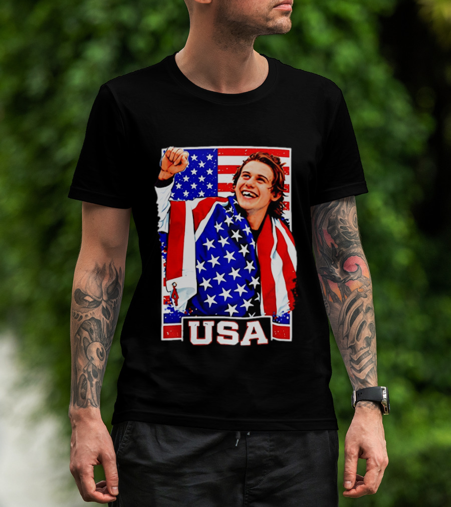 USA Flag Jack Hughes Olympic Hockey 2026 Golden Goal Celebration T-Shirt