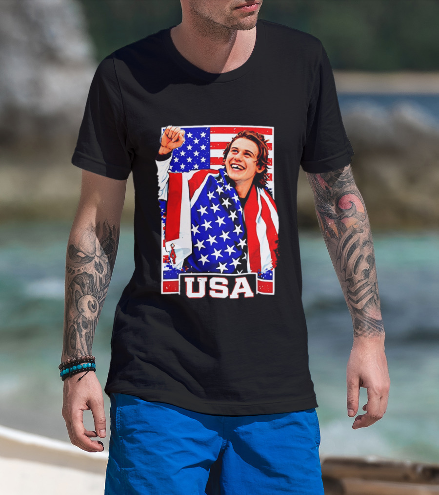 USA Flag Jack Hughes Olympic Hockey 2026 Golden Goal Celebration T-Shirt