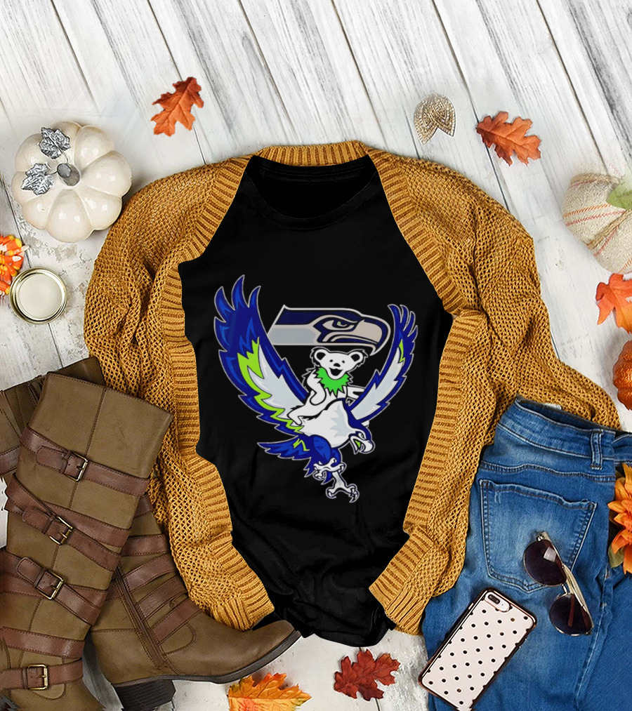 Seattle Seahawks Grateful Dead Bear Riding Seahawk Wings T-Shirt