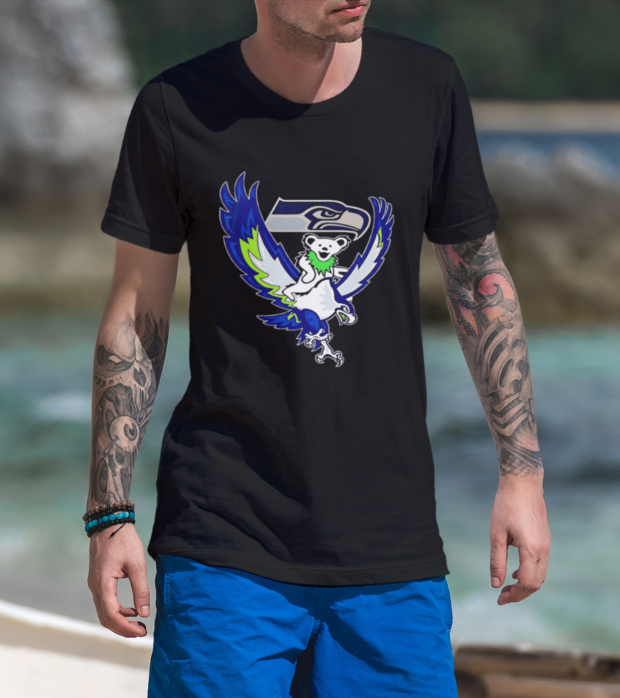 Seattle Seahawks Grateful Dead Bear Riding Seahawk Wings T-Shirt