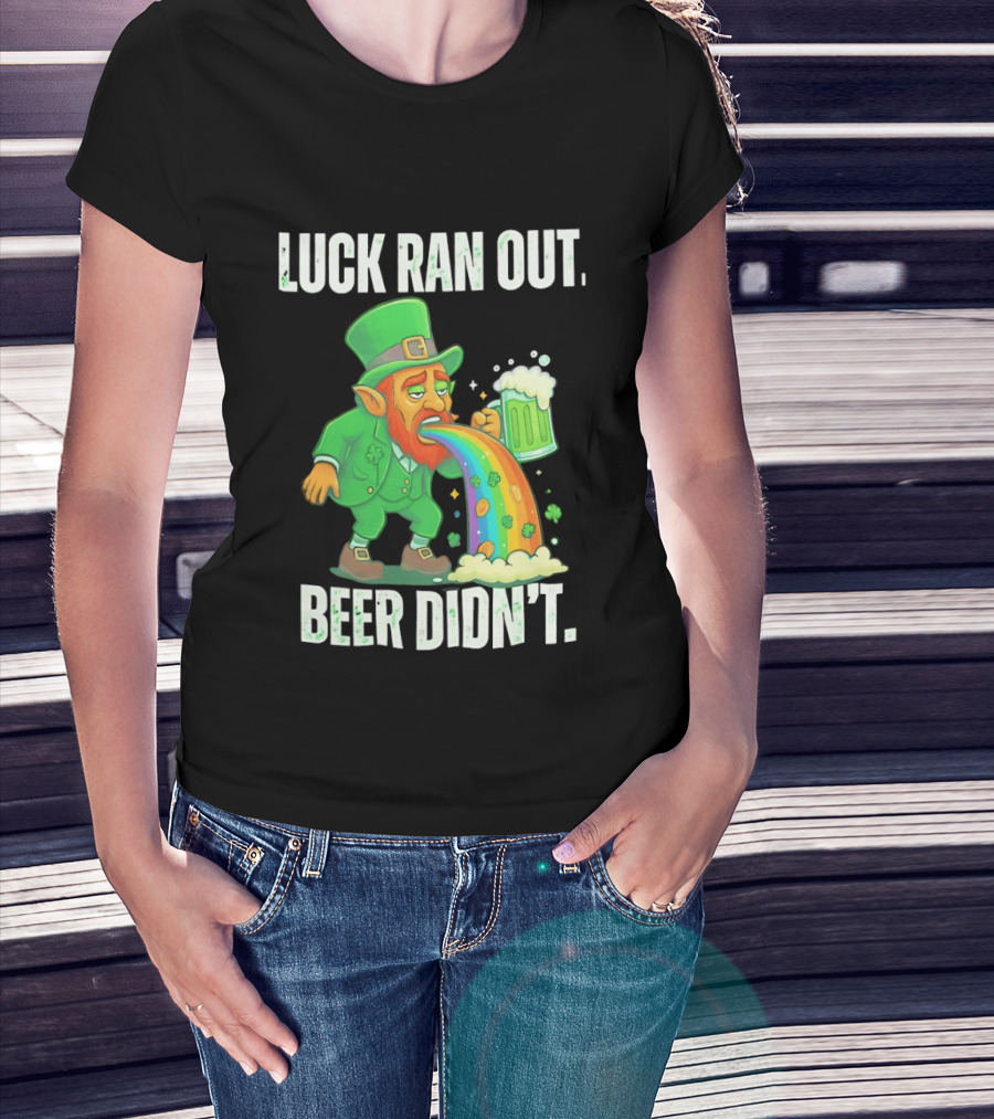 Leprechaun Drinking Beer Vomiting Rainbow Luck Ran Out St. Patrick's Day T-Shirt