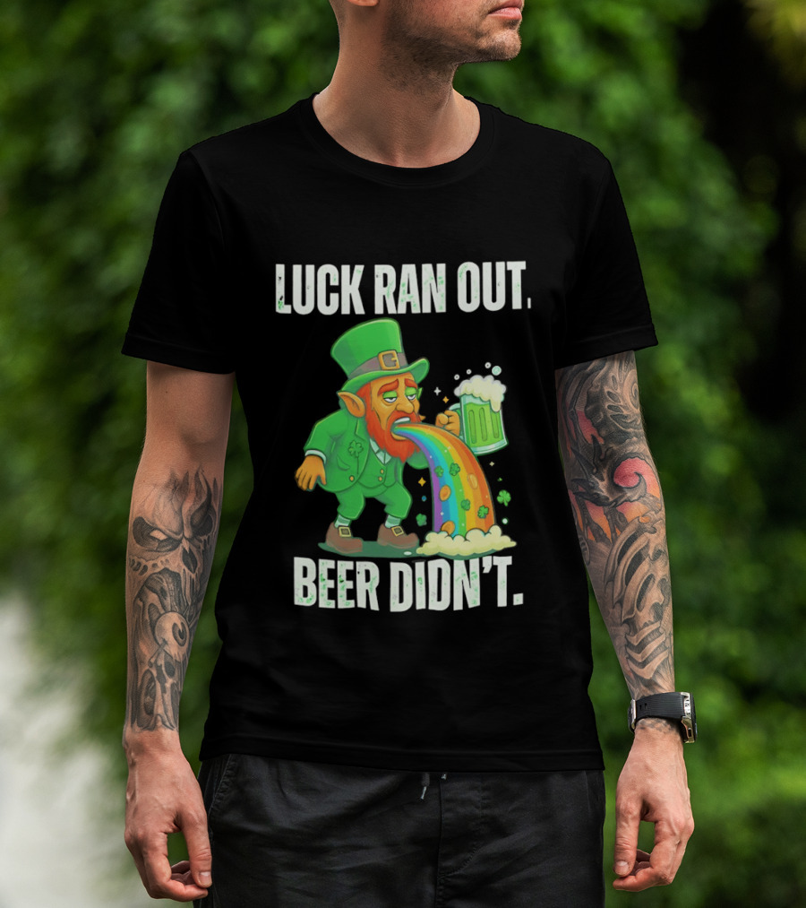 Leprechaun Drinking Beer Vomiting Rainbow Luck Ran Out St. Patrick's Day T-Shirt
