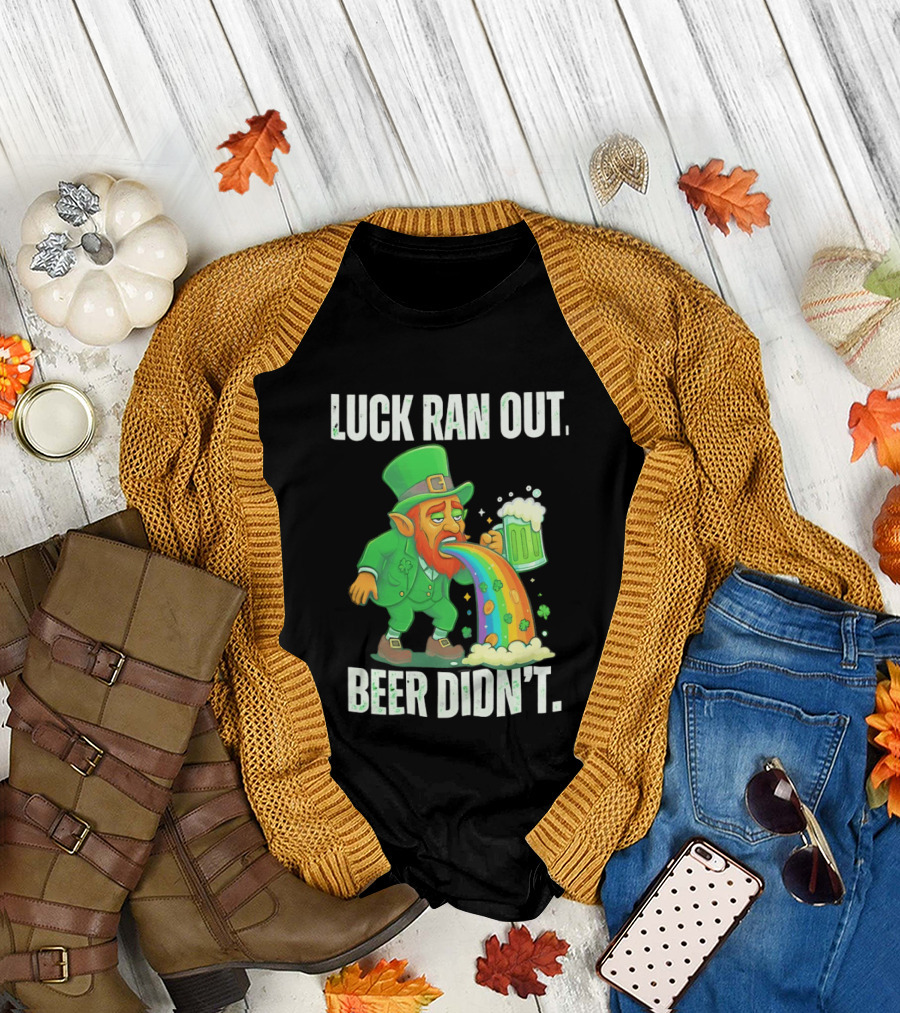 Leprechaun Drinking Beer Vomiting Rainbow Luck Ran Out St. Patrick's Day T-Shirt