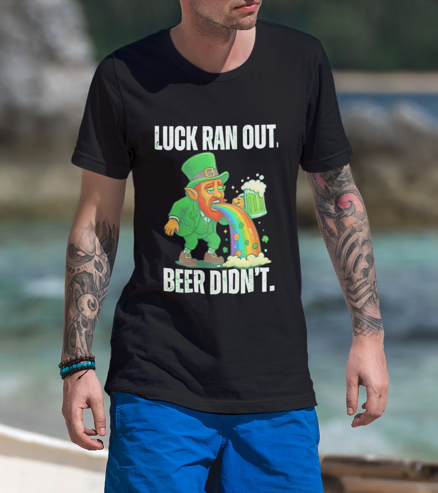 Leprechaun Drinking Beer Vomiting Rainbow Luck Ran Out St. Patrick's Day T-Shirt