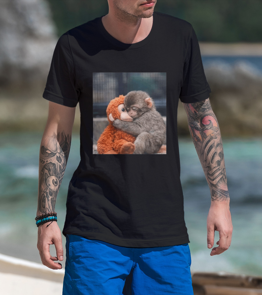Punch Monkey Cute Baby Monkey Hugging Stuffed Toy T-Shirt