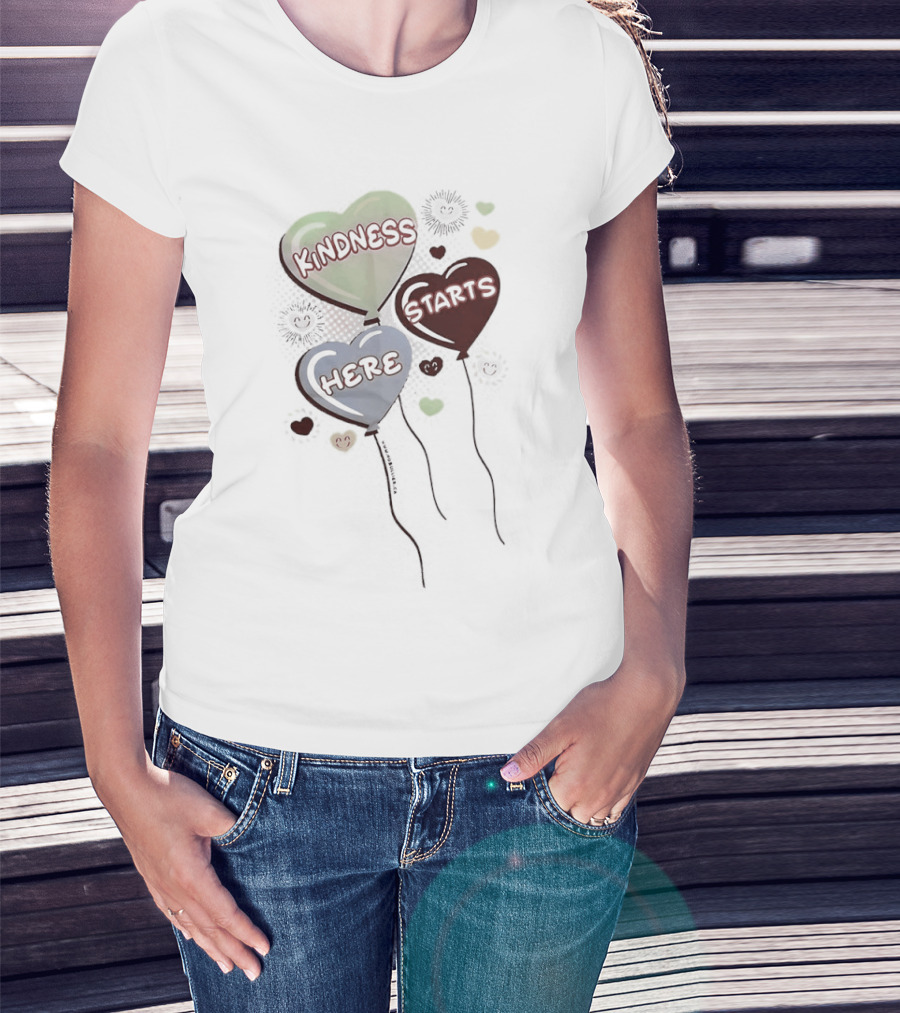 Kindness Starts Here Heart Balloons Colorful Positive Message T-Shirt