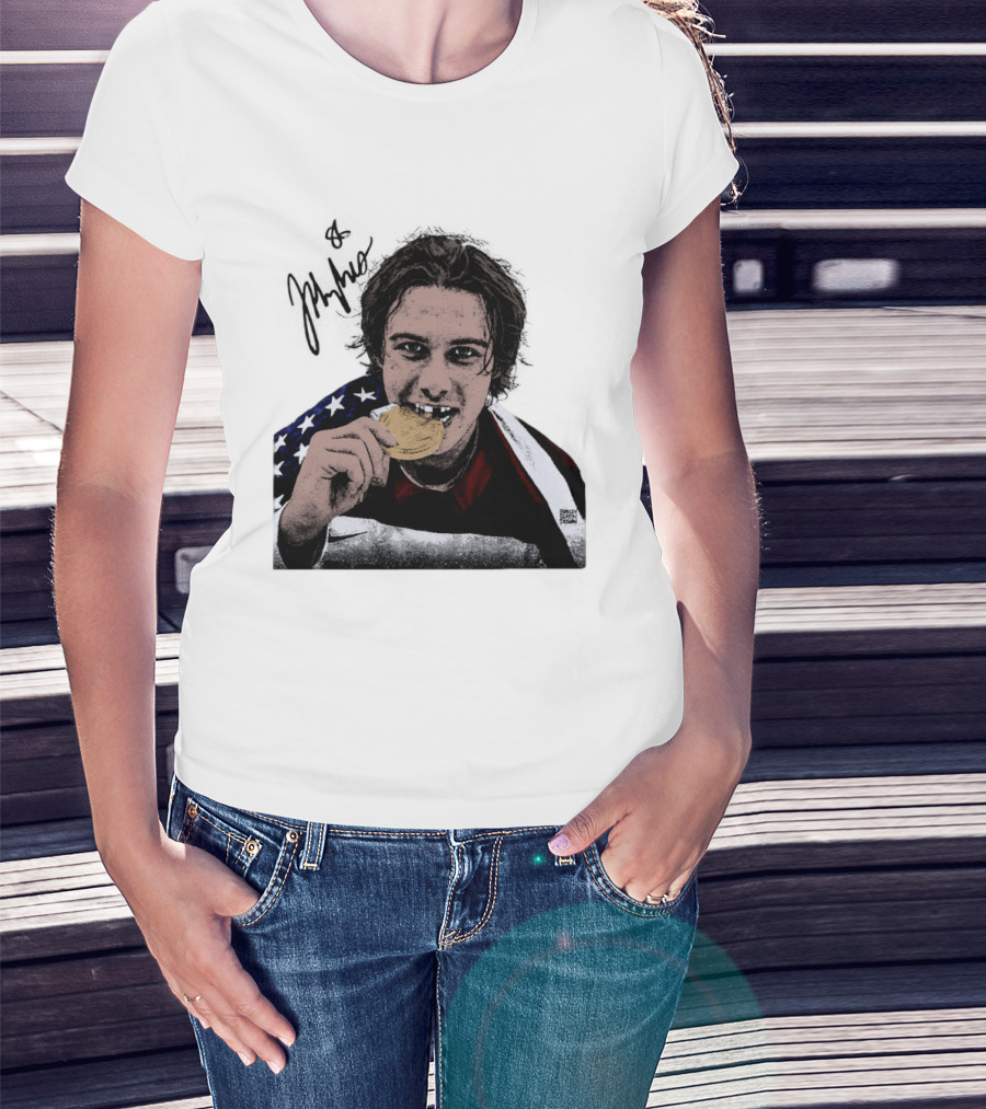 USA Hockey Jack Hughes Gold Medal Bite American Flag T-Shirt