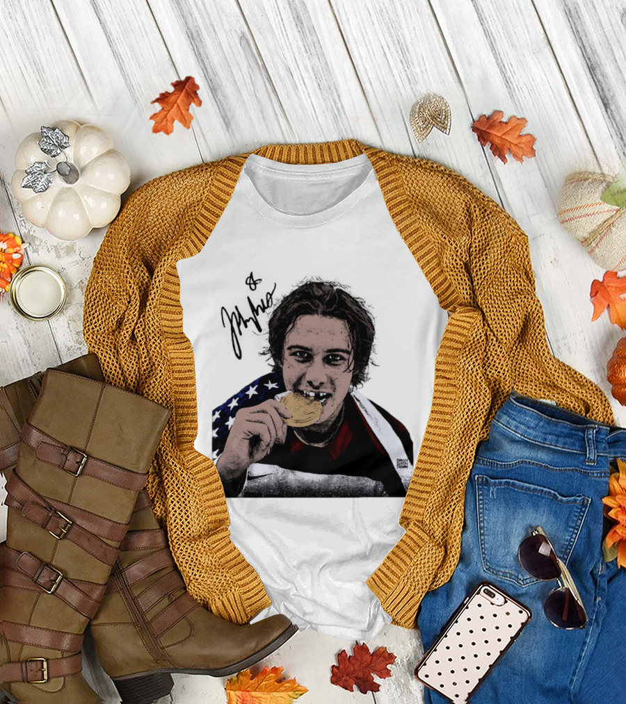 USA Hockey Jack Hughes Gold Medal Bite American Flag T-Shirt