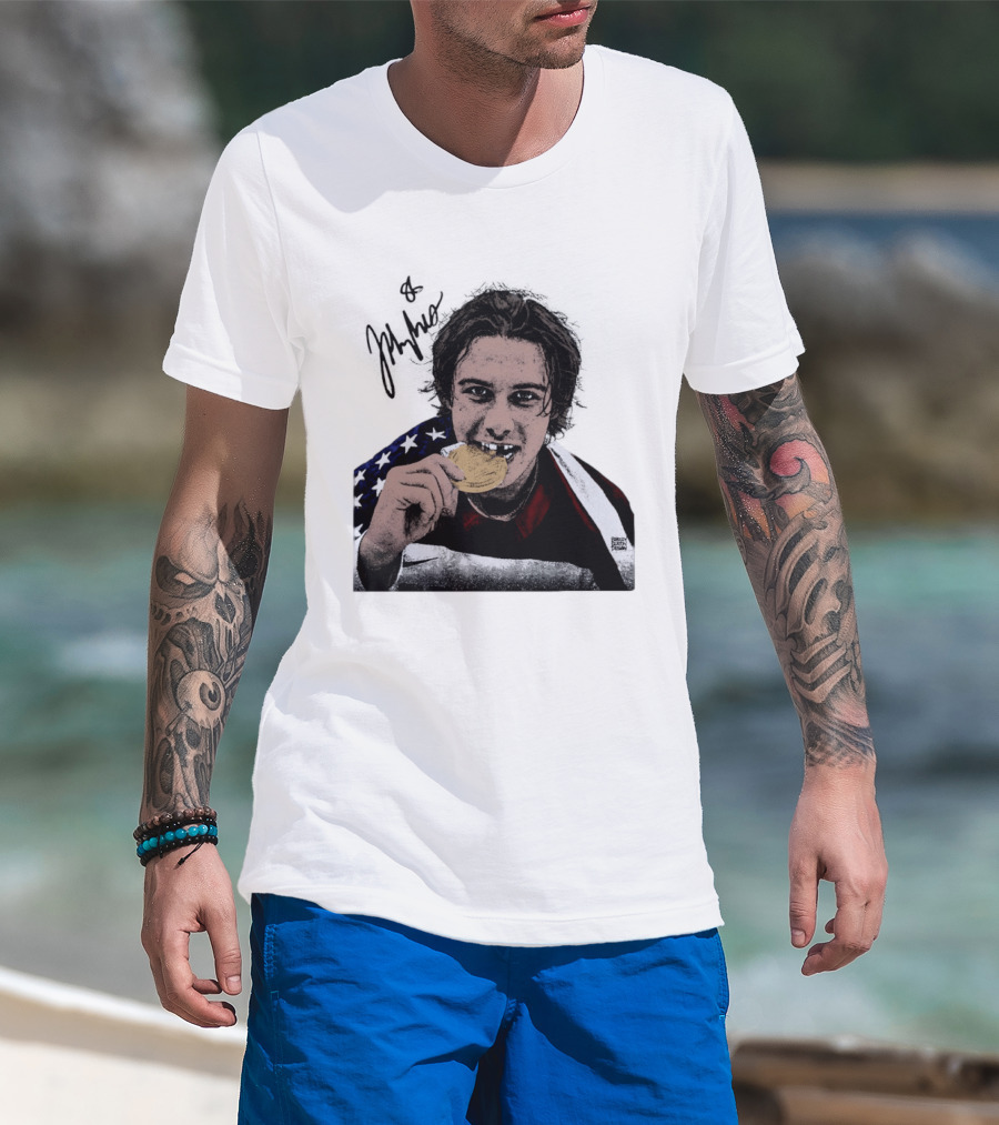 USA Hockey Jack Hughes Gold Medal Bite American Flag T-Shirt