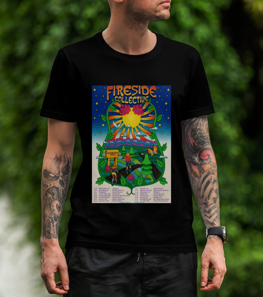 Fireside Collective Spring Tour 2026 Vibrant Cycling Adventure In Scenic Nature Landscape With Sunburst And Stars T-Shirt