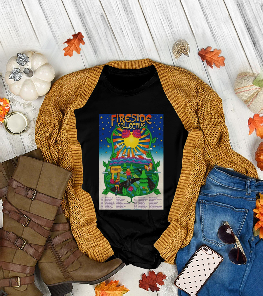Fireside Collective Spring Tour 2026 Vibrant Cycling Adventure in Scenic Nature Landscape with Sunburst and Stars T-Shirt