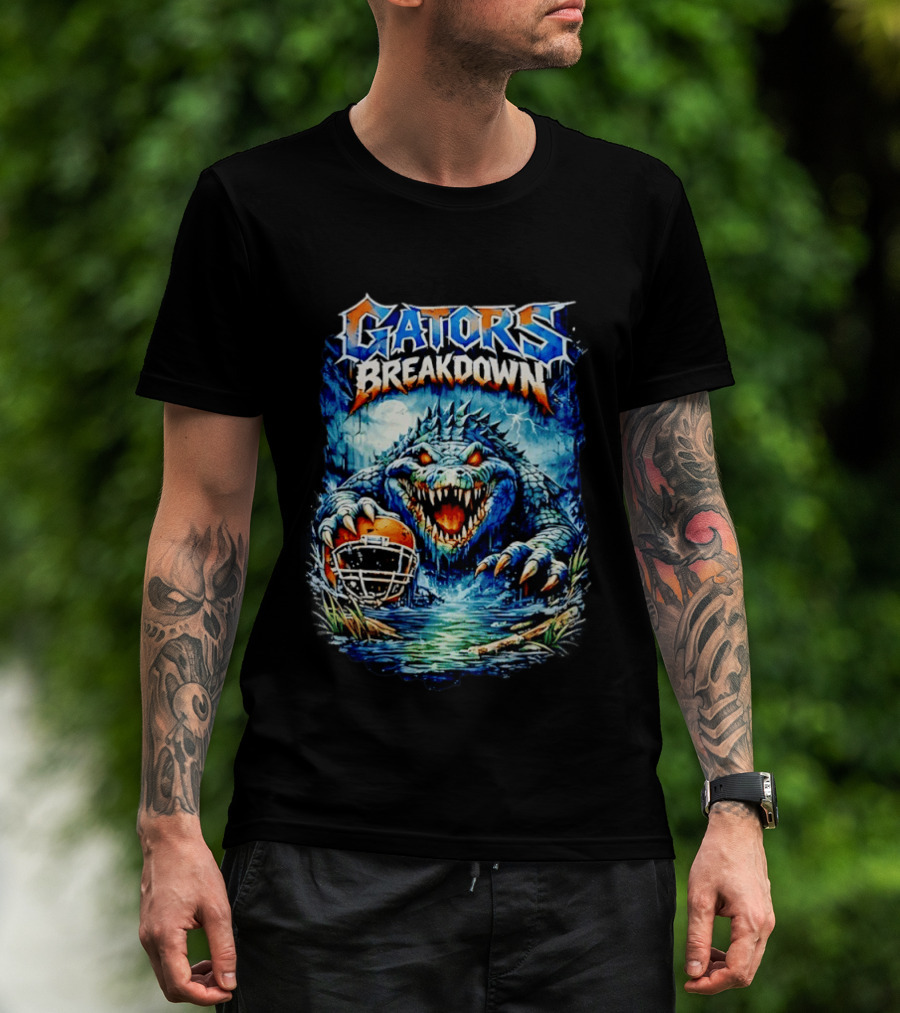 Gators Breakdown Swamp Metal Alligator With Football Helmet And Lightning T-Shirt