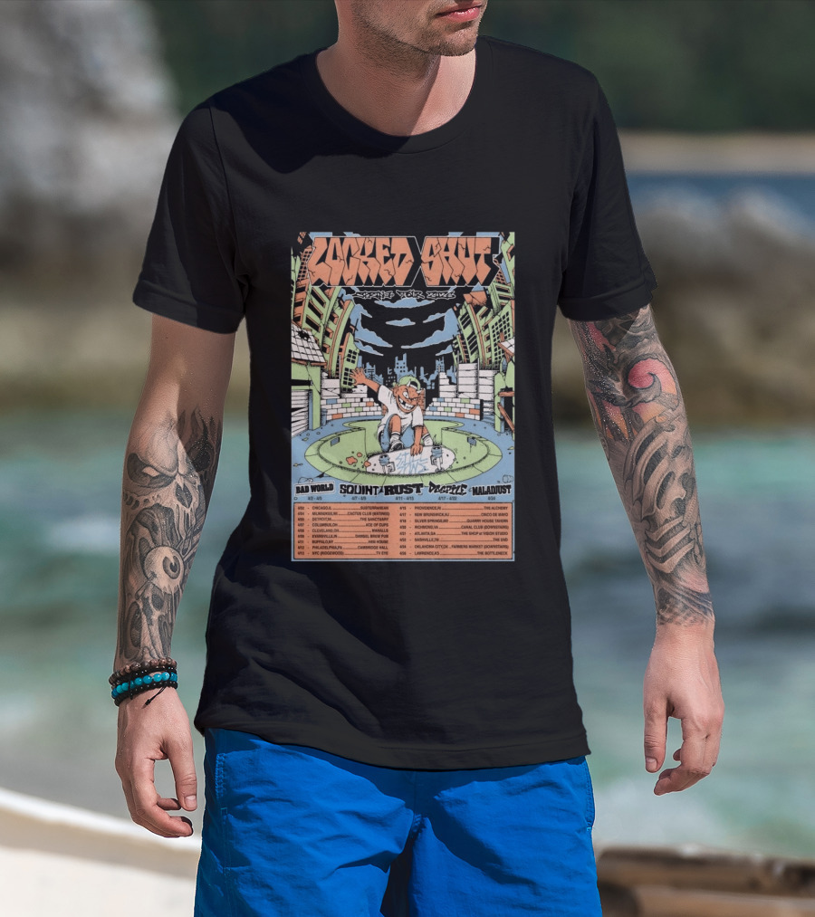 LOCKED SHUT Tour Spring 2026 Skateboarder Urban Scene Bad World Squint Rust Deplete Maladjust Dates T-Shirt