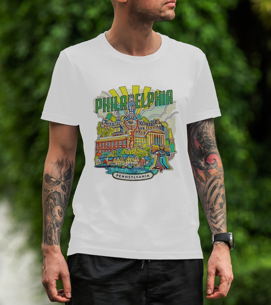 Philadelphia Pennsylvania Skyline Landmark Icons Liberty Bell Art Deco T-Shirt