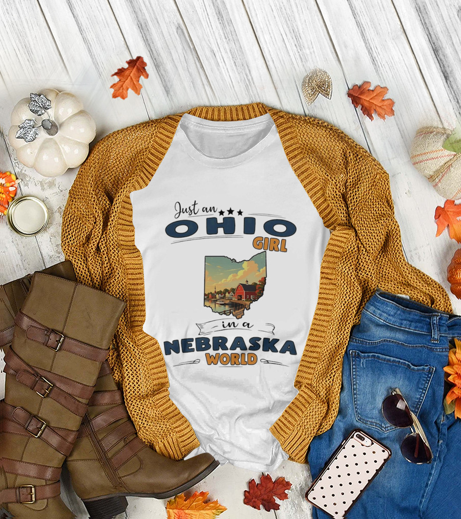 Just an Ohio Girl in a Nebraska World Lakeside Village Scene T-Shirt