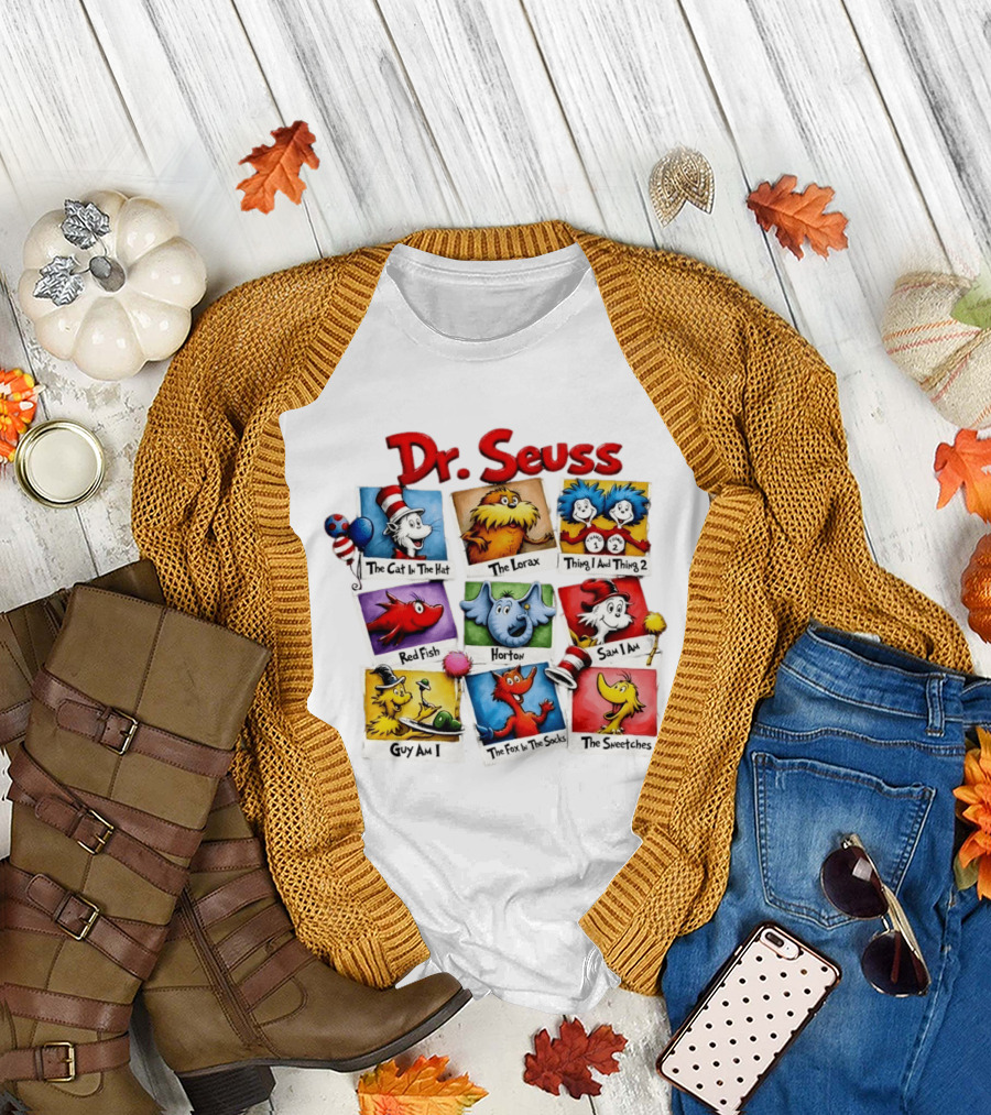 Dr. Seuss The Cat in the Hat The Lorax Thing 1 and Thing 2 Red Fish Horton Sam I Am Guy Am I The Fox in the Socks The Sneetches T-Shirt