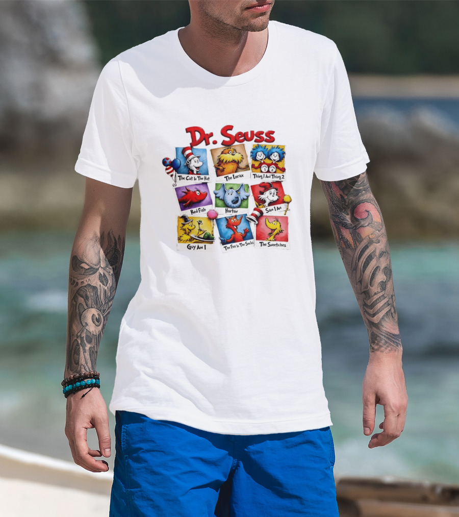 Dr. Seuss The Cat In The Hat The Lorax Thing 1 And Thing 2 Red Fish Horton Sam I Am Guy Am I The Fox In The Socks The Sneetches T-Shirt