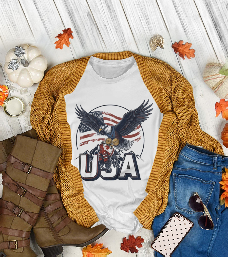 USA Eagle Ice Hockey Olympic Medals 1980 2026 American Flag T-Shirt