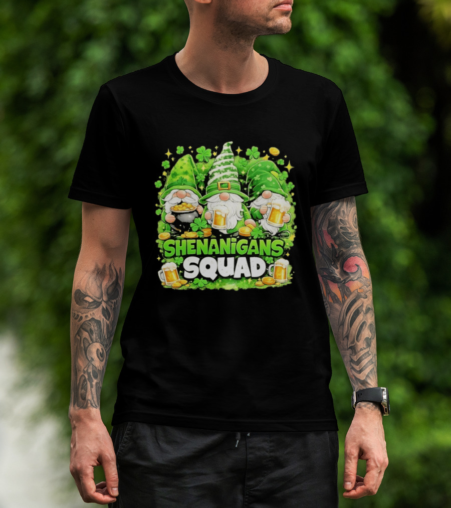 Shenanigans Squad St Patrick's Day Irish Gnomes Beer S And Clover Coins T-Shirt