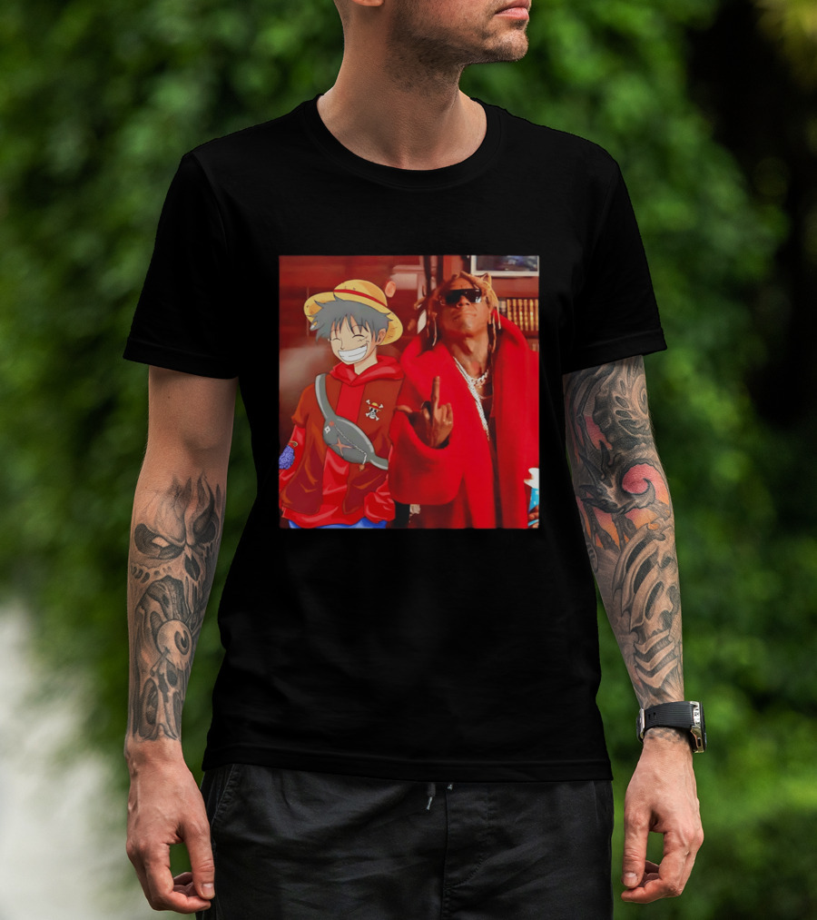 Lil Gum Monkey D. Luffy And Rapper Red Coat Outfit Fusion T-Shirt