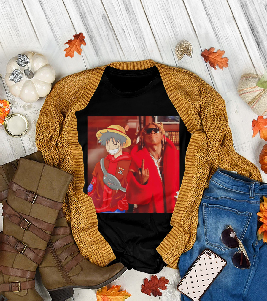 Lil Gum Monkey D. Luffy and Rapper Red Coat Outfit Fusion T-Shirt