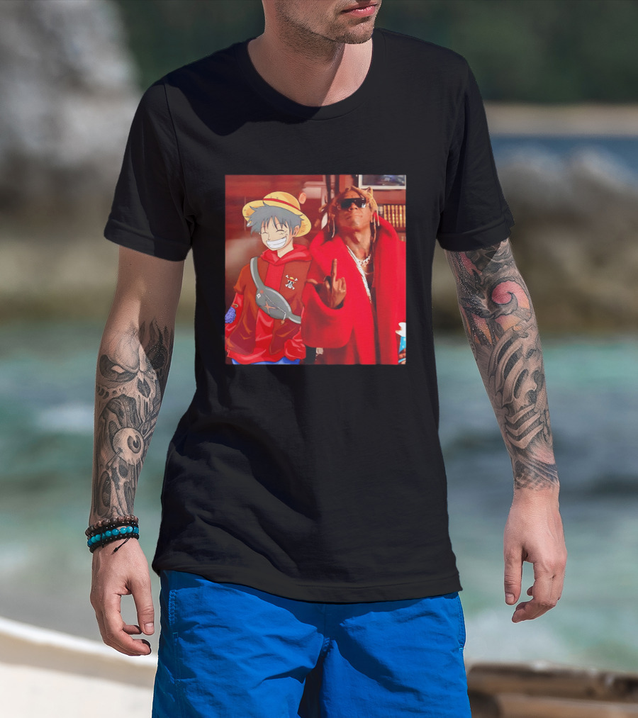 Lil Gum Monkey D. Luffy And Rapper Red Coat Outfit Fusion T-Shirt