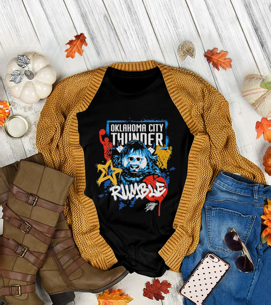 Oklahoma City Thunder Rumble Mascot Art with Stars and Paint Splatters T-Shirt