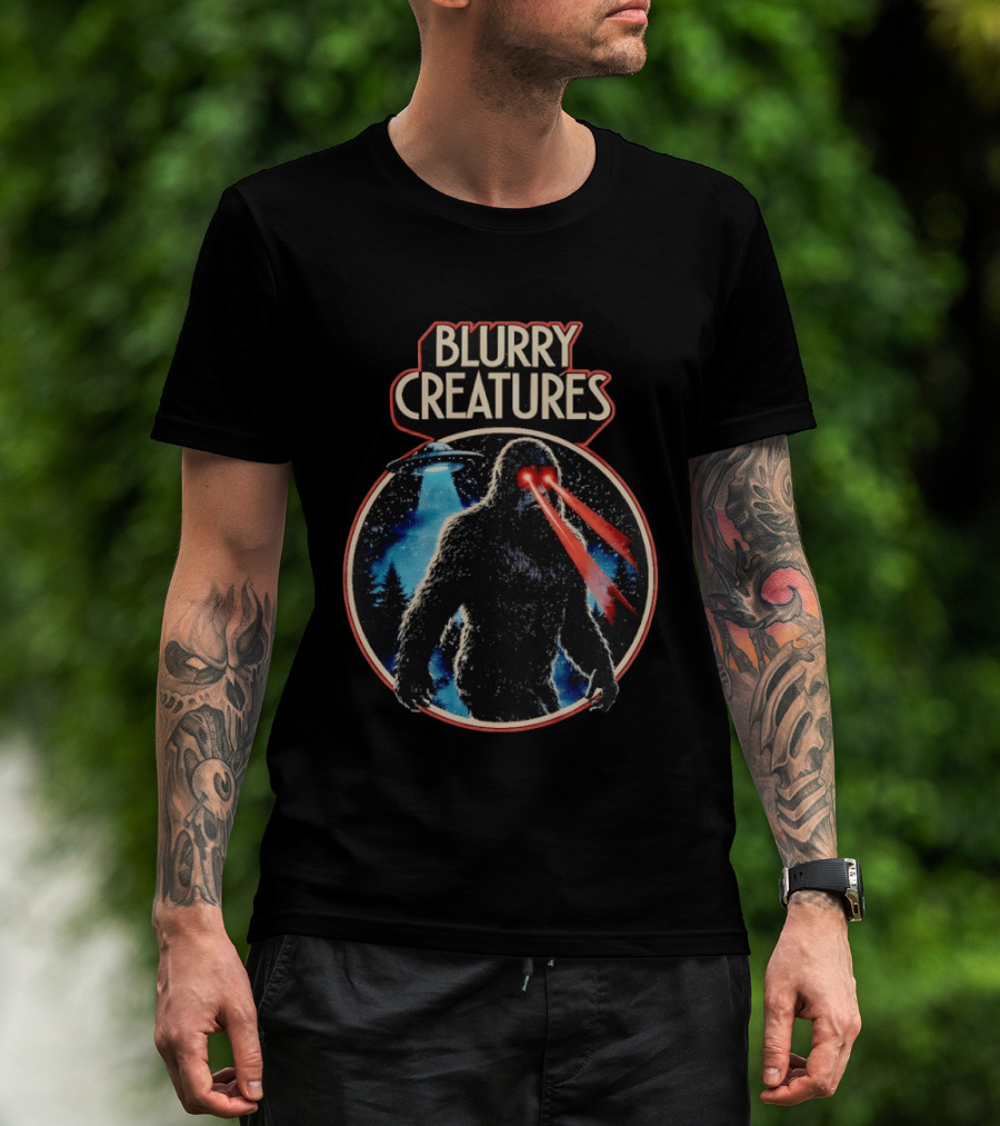 Blurry Creatures Bigfoot Laser Eyes UFO Forest T-Shirt