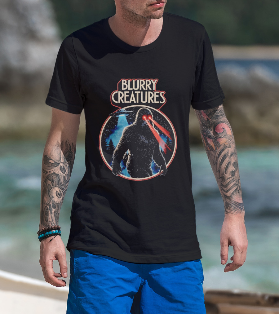 Blurry Creatures Bigfoot Laser Eyes UFO Forest T-Shirt
