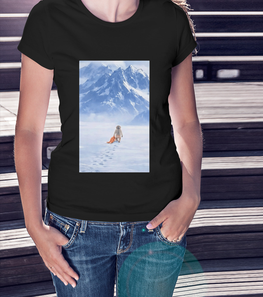 Monkey Holding Stuffed Monkey Alone Walking In Snowy Mountains T-Shirt