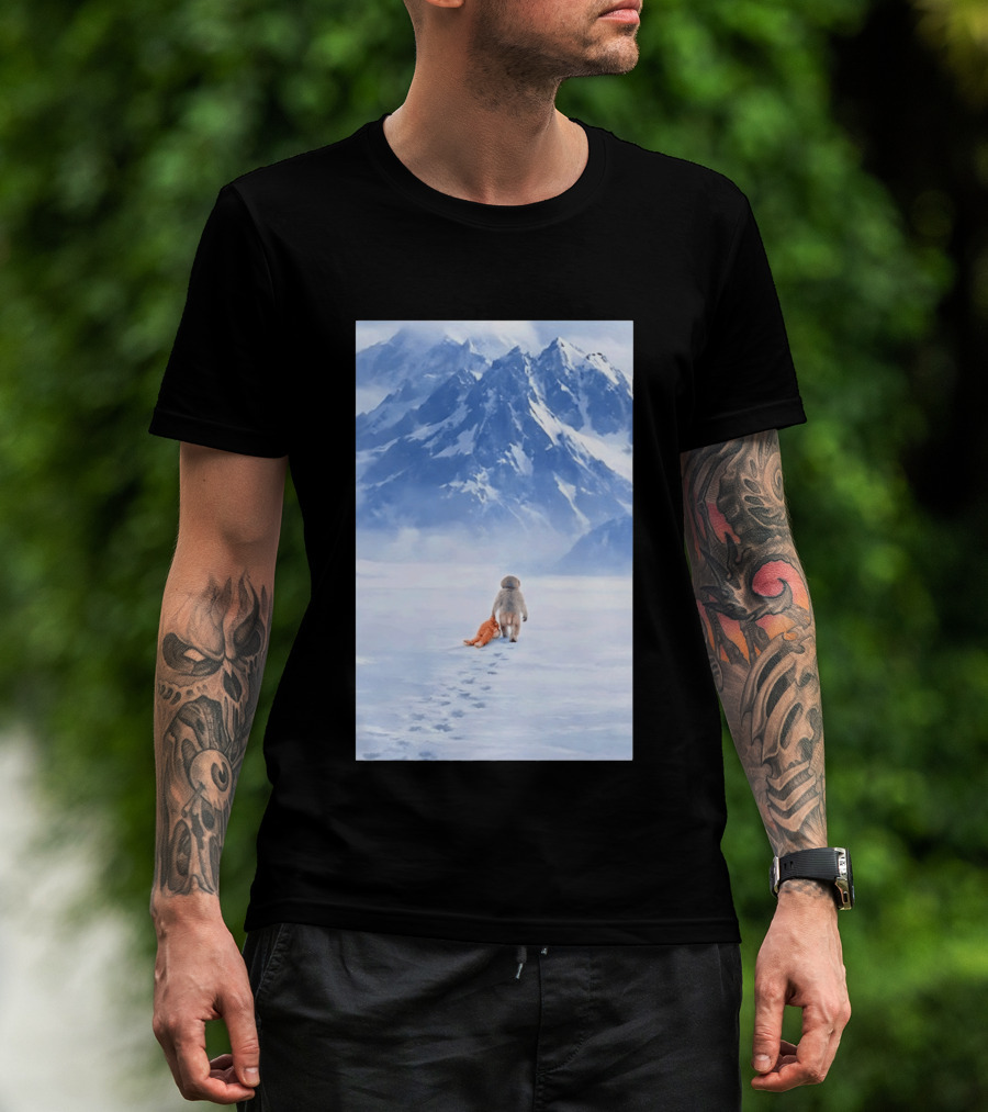 Monkey Holding Stuffed Monkey Alone Walking In Snowy Mountains T-Shirt