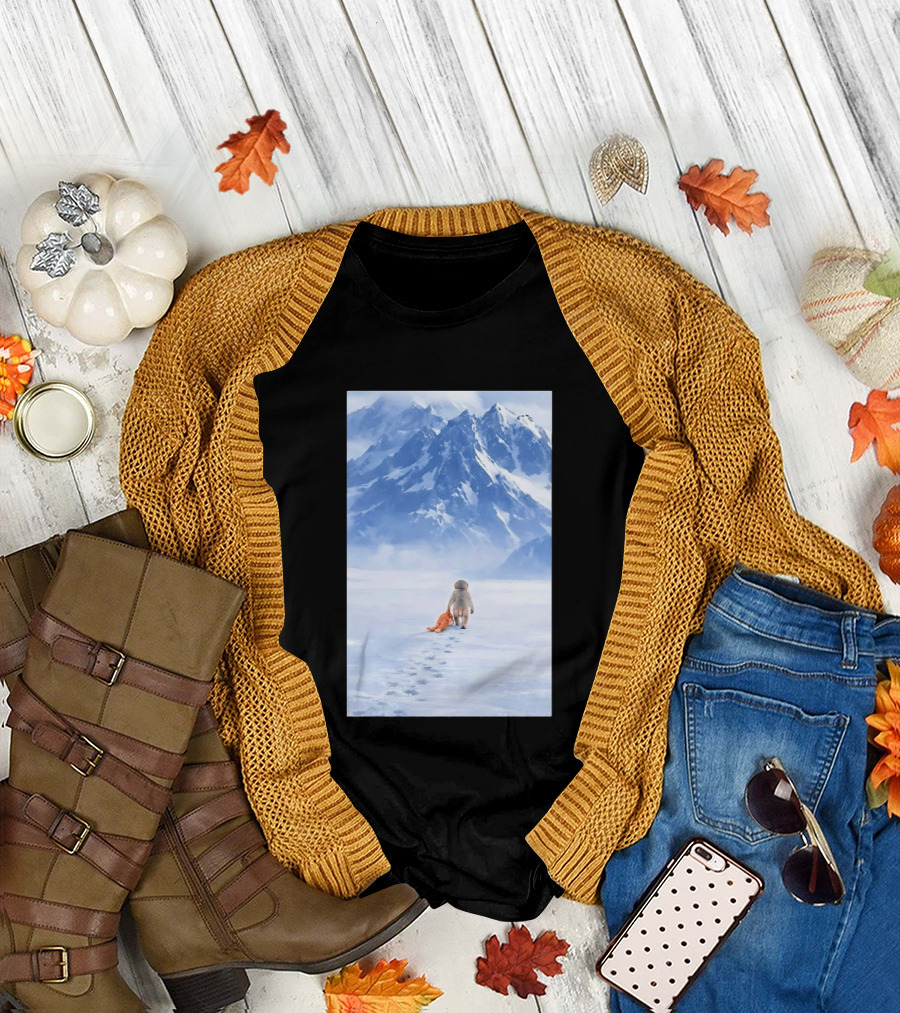 Monkey Holding Stuffed Monkey Alone Walking in Snowy Mountains T-Shirt