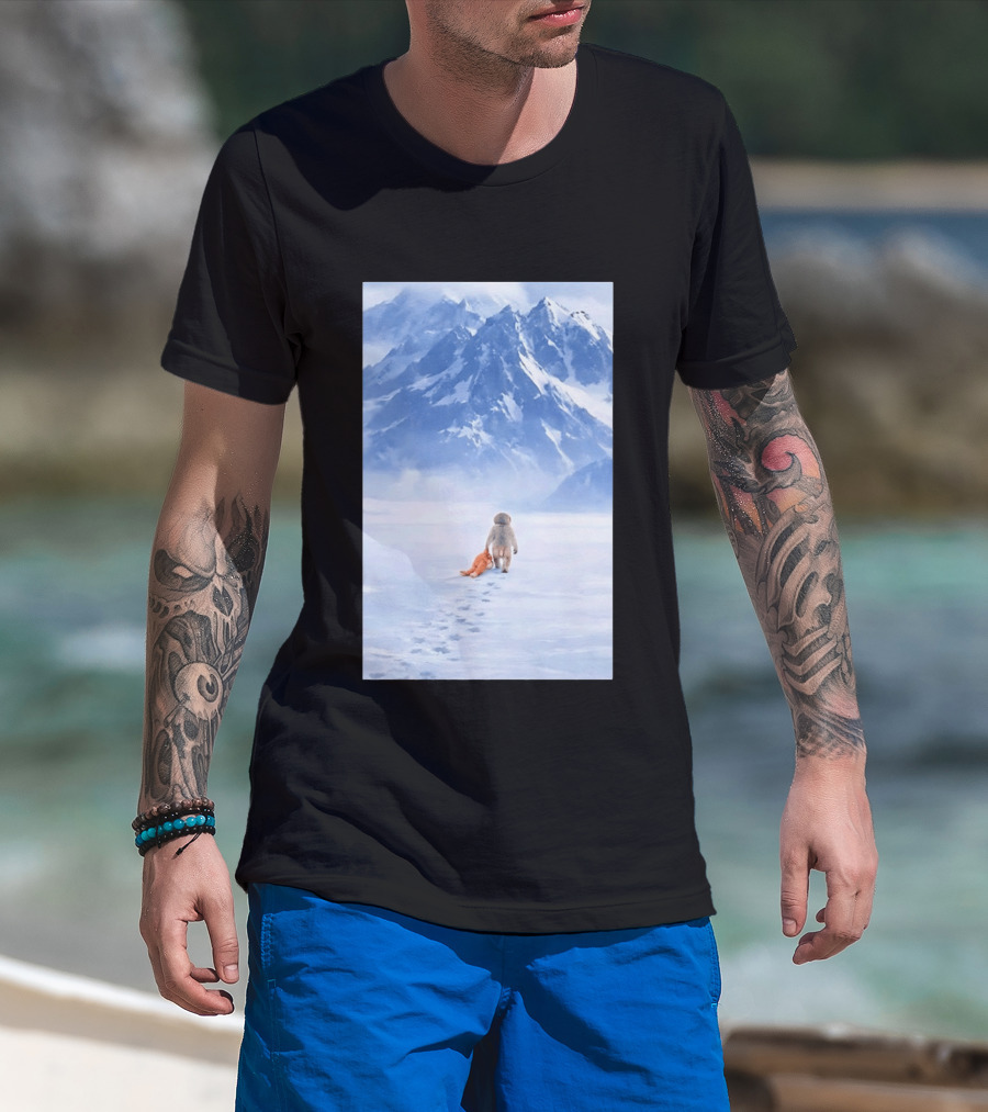 Monkey Holding Stuffed Monkey Alone Walking In Snowy Mountains T-Shirt