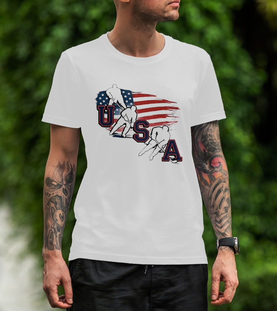 USA Olympic Gold Medal Hockey American Flag Hockey Players T-Shirt