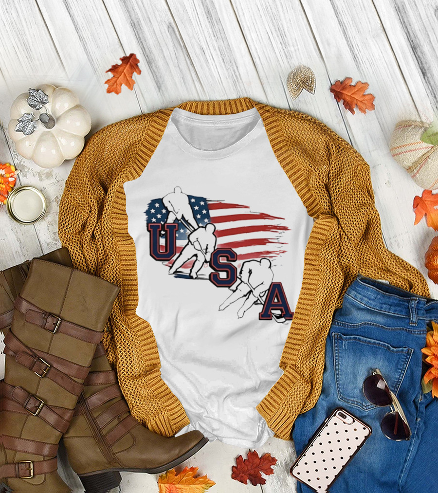 USA Olympic Gold Medal Hockey American Flag Hockey Players T-Shirt