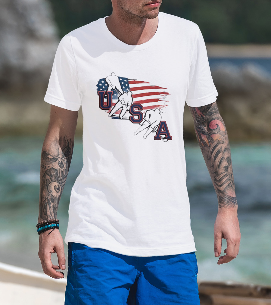 USA Olympic Gold Medal Hockey American Flag Hockey Players T-Shirt
