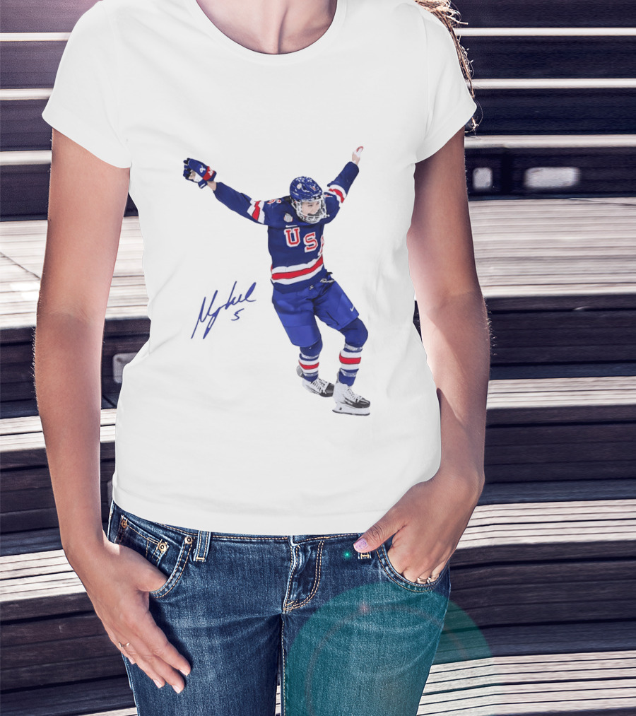 USA Team Hockey Megan Keller Blue Uniform Celebration T-Shirt