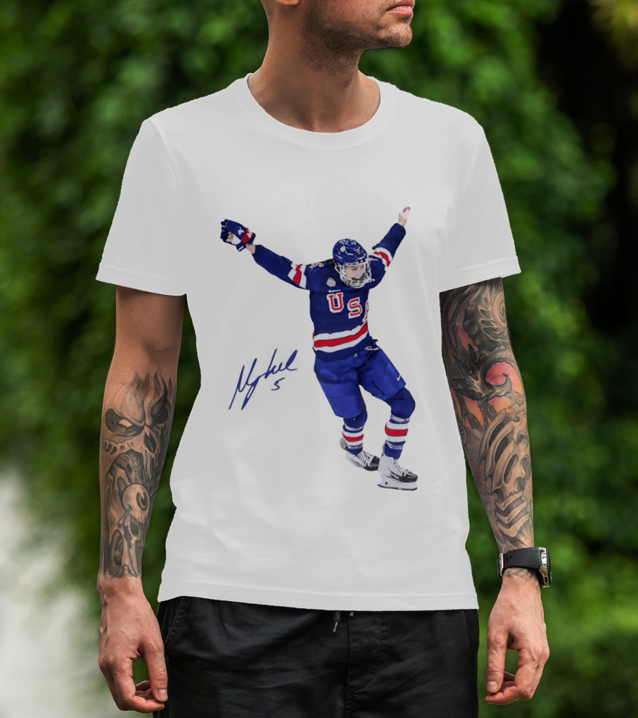 USA Team Hockey Megan Keller Blue Uniform Celebration T-Shirt