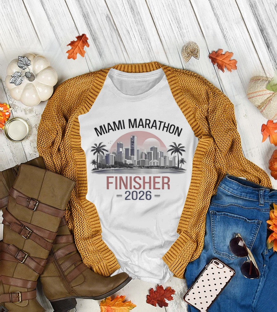 Miami Marathon Finisher 2026 City Skyline Sunset Palm Trees T-Shirt