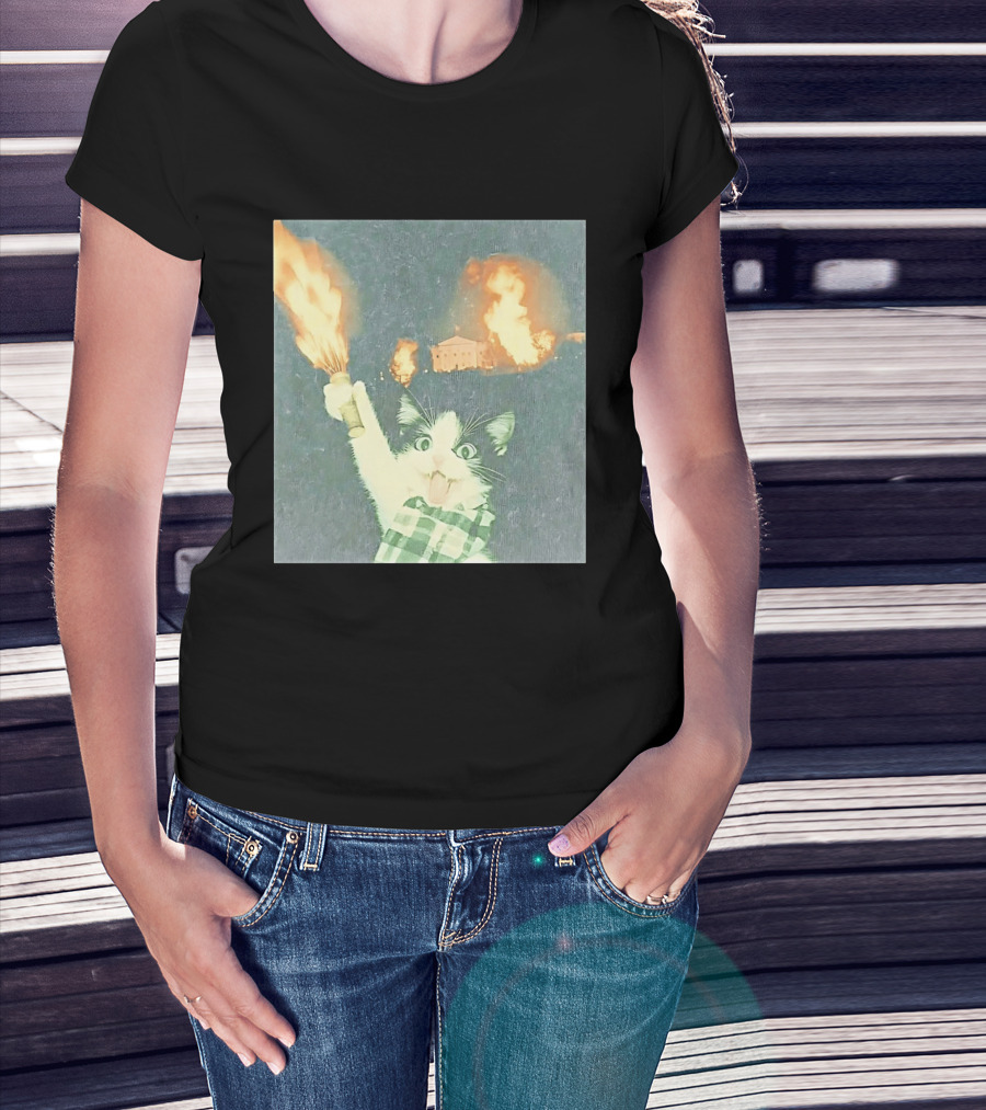 Rebellious Cat Riot Scene With Flaming T-Shirt
