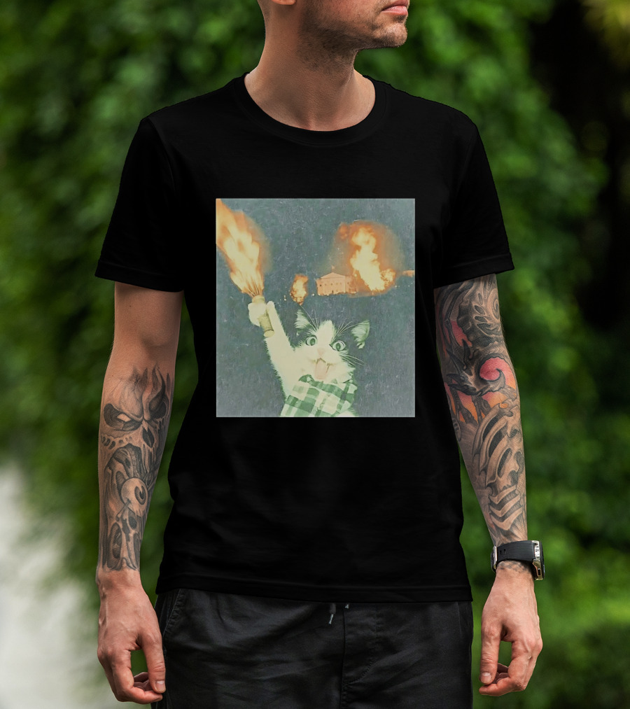 Rebellious Cat Riot Scene With Flaming T-Shirt