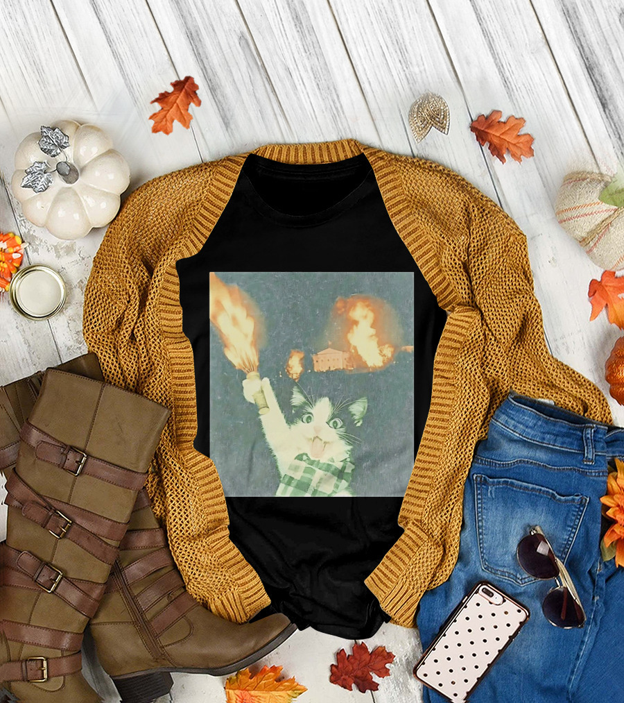 Rebellious Cat Riot Scene With Flaming T-Shirt