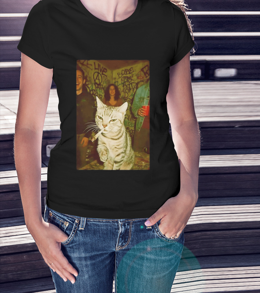 Smoking Tabby Cat Live Punk Party Scene T-Shirt