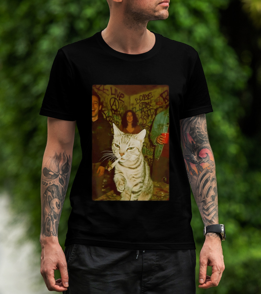Smoking Tabby Cat Live Punk Party Scene T-Shirt