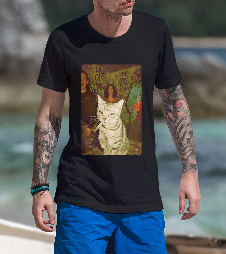 Smoking Tabby Cat Live Punk Party Scene T-Shirt