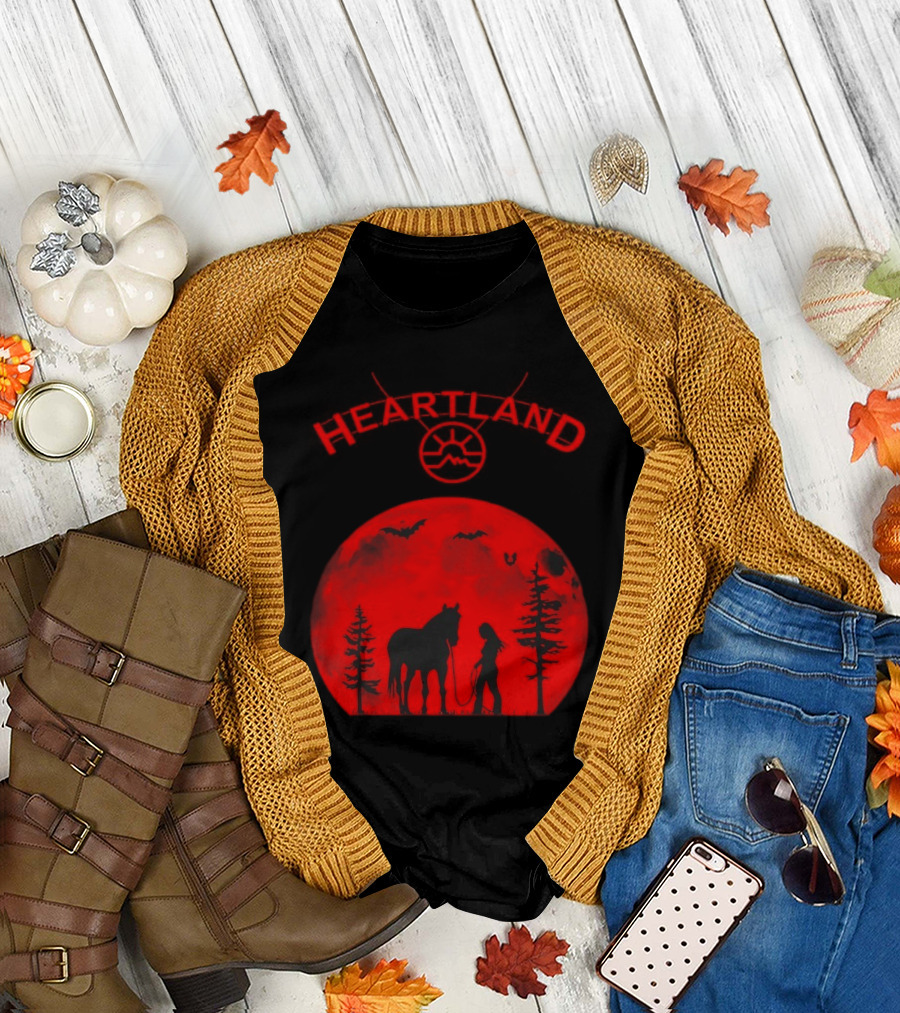 Heartland Ranch Red Moon Horse and Human Silhouette with Trees and Bats T-Shirt