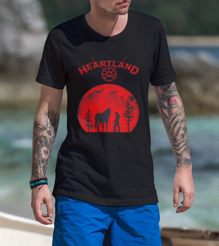 Heartland Ranch Red Moon Horse And Human Silhouette With Trees And Bats T-Shirt