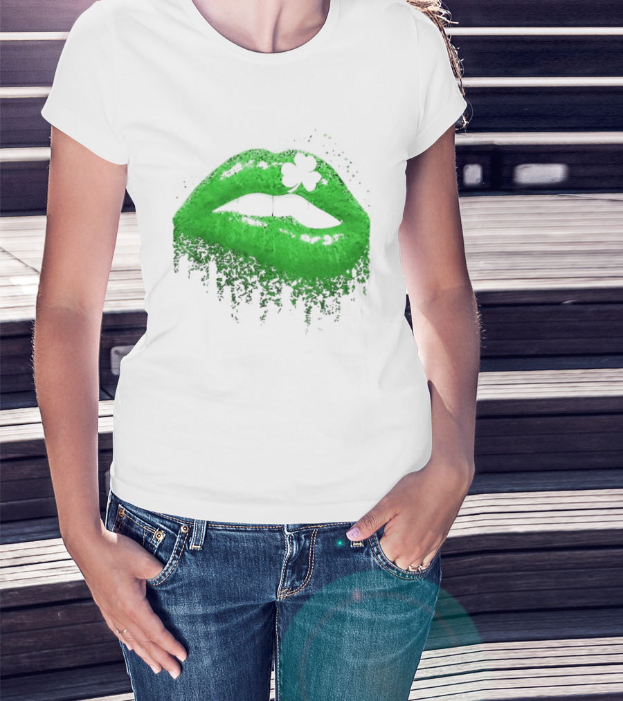 St Patrick's Day Green Lips Shamrock Shape T-Shirt