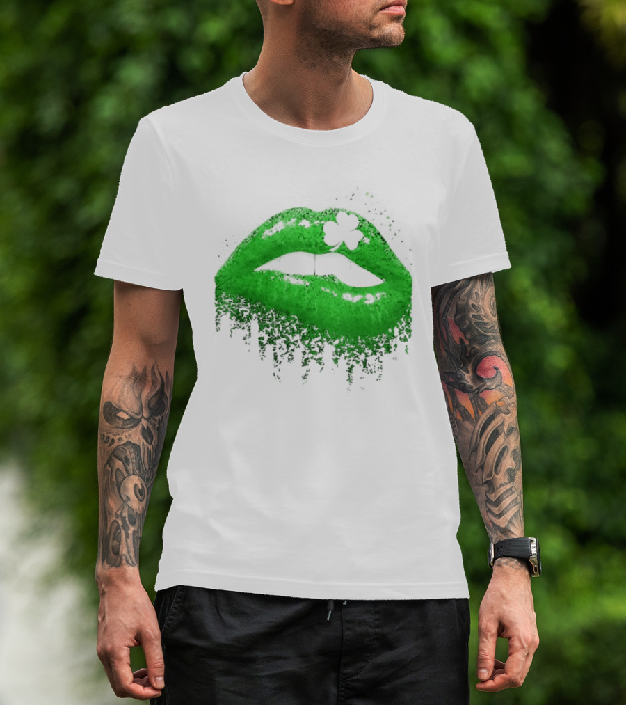 St Patrick's Day Green Lips Shamrock Shape T-Shirt